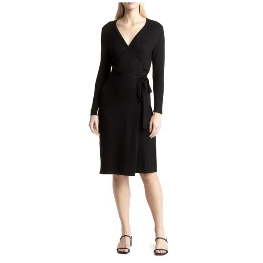 Banana Republic Sweater Dress Size Small Petite Black Ribbed Wrap Knee Length - Picture 2 of 9